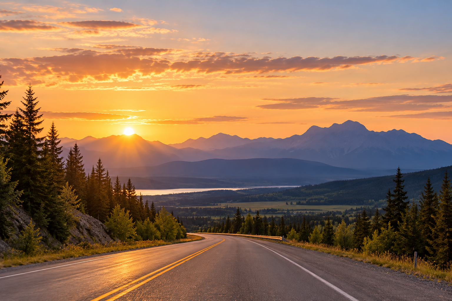 Winding mountain highway beneath a golden sunset, illustrating gratitude for safe travels