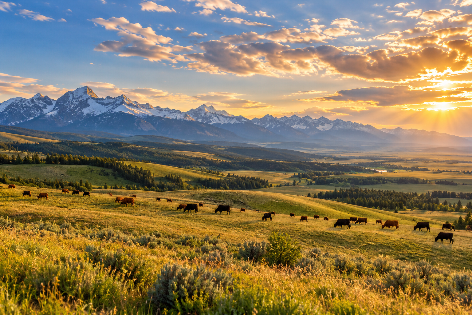 Cattle grazing across sunlit rolling prairie hills with snow-capped mountains in the distance
