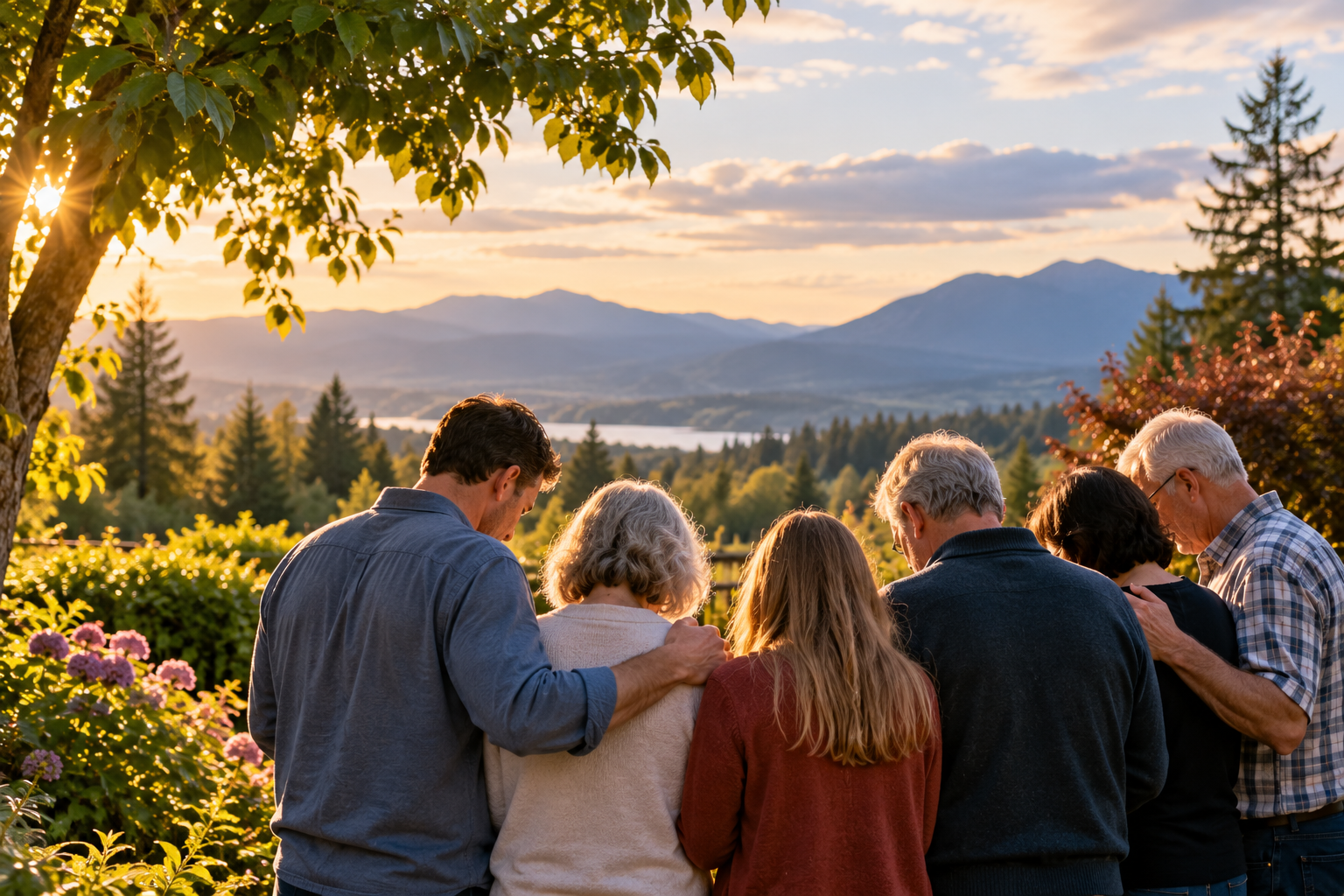 A group of people of different generations standing together in prayer and support at sunset
